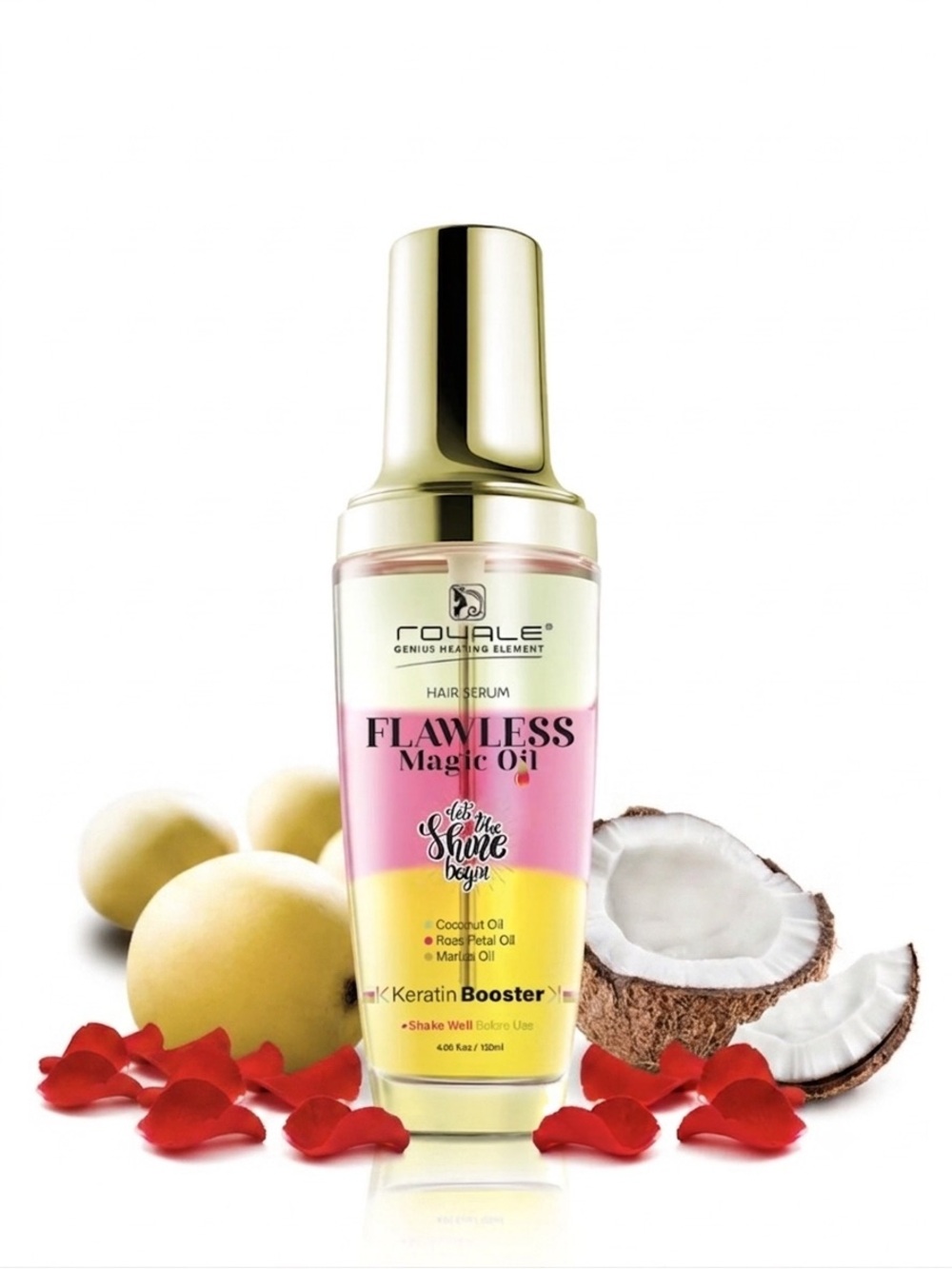 ROYALE Flawless Magic Oil Hair Serum, Coconut Oil, Rose Petal Oil, & Marula Oil